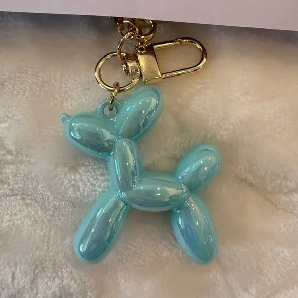 Aqua Balloon Dog Tassel Keychain with Faux Pearls & Gold Hardware –One of A Kind - Picture 4 of 9